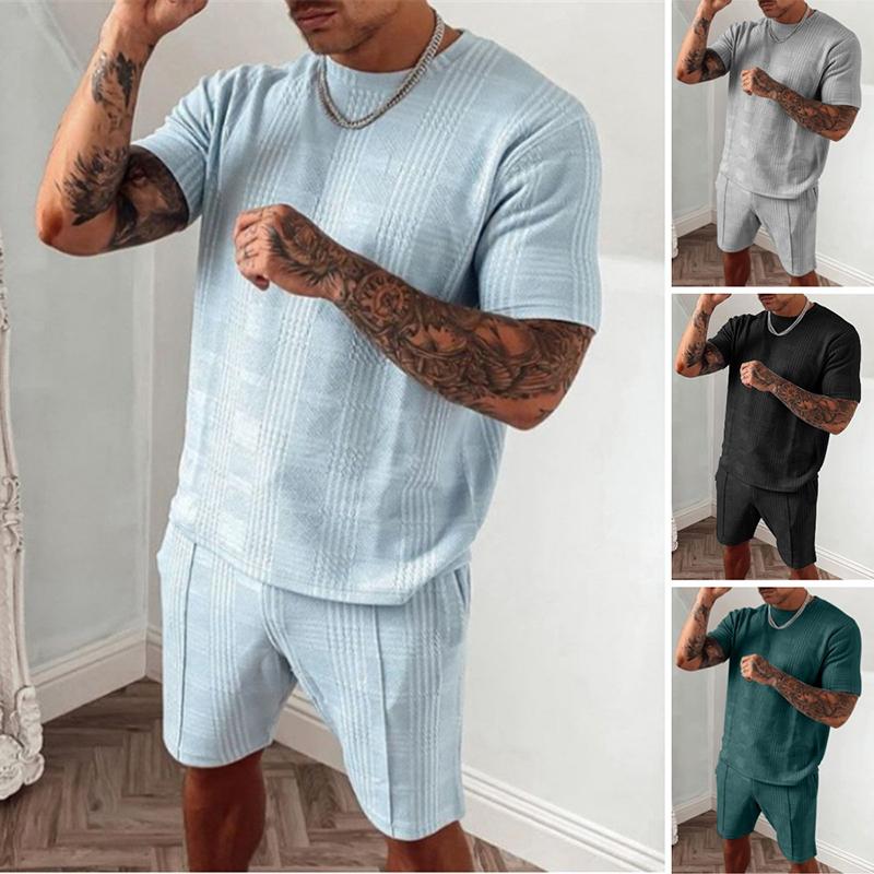 

Men s Summer Fashion Casual Solid Color Plaid Short Sleeved Shirt and Shorts 2 Piece Sportswear