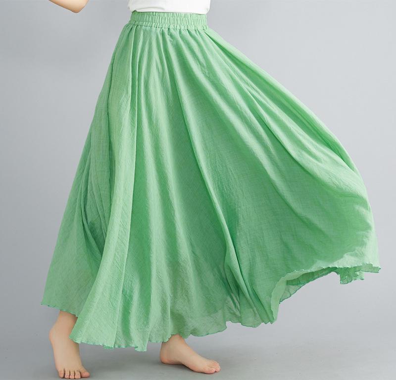 2024 Japan & Korea Loose Cotton-Linen Elastic Waist Midi Skirt – Solid Color A-line Swing Skirt