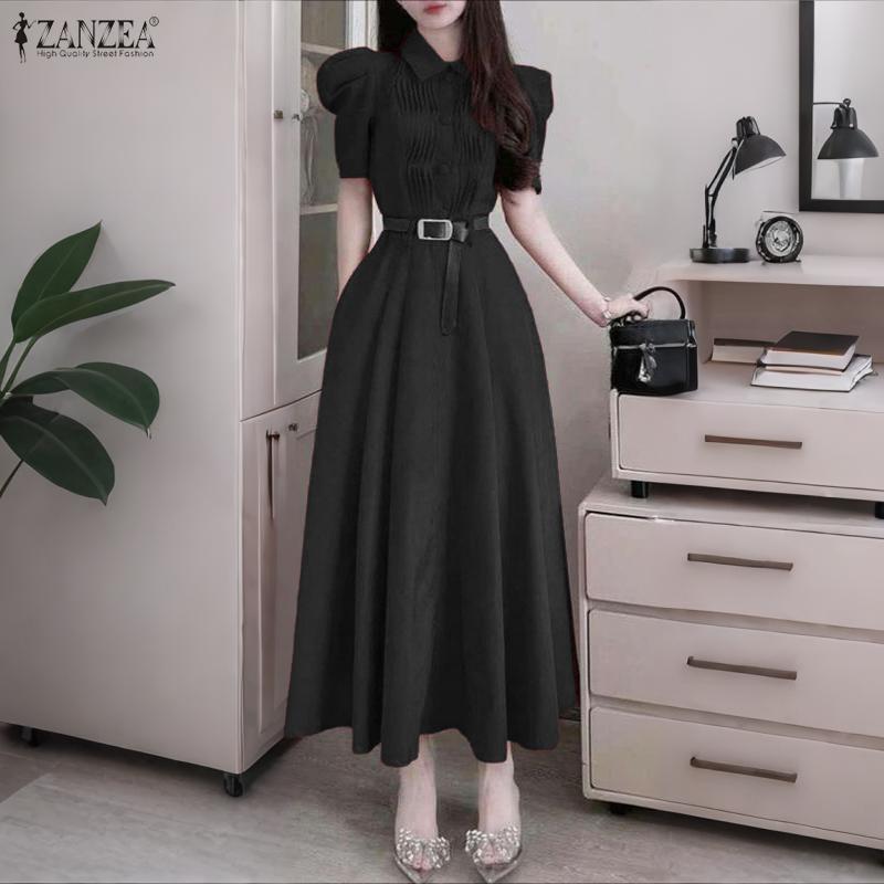 ZANZEA Women Turn Down Collar Short Sleeve Casual A-Line Dress