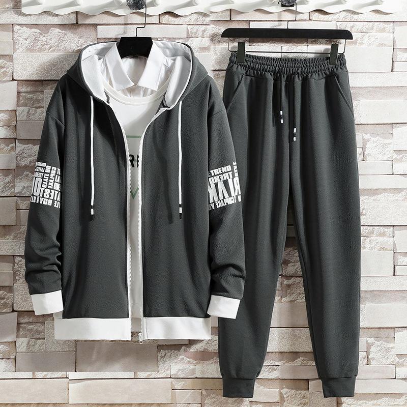 Spring and Autumn Trend Hooded Cardigan Sports Top Trousers Youth Leisure Sports Sweater Student Solid Color Fashion Suit Male