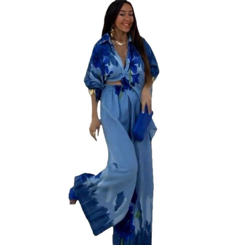 2025 European and American Summer New Ink Painting Positioning Print Long Sleeve Top Wide Leg Pants Fashion Two-piece Set