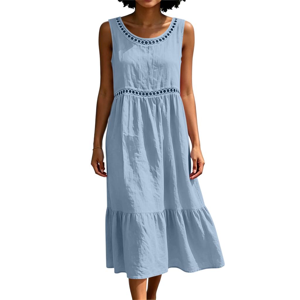 Women Sleeveless Crew Neck Cotton Linen Dress Hollow Out Lace Trim Midi Dress Summer Casual Loose Fit Solid Sundress
