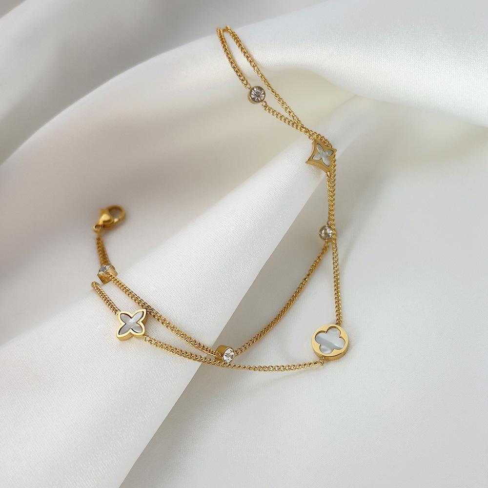 Four Leaf Clover Double Layered Stacked Ankle Chains, High-end Ankle Chains with Diamonds, Lucky Grass Ankle Chains, the Best for Girls