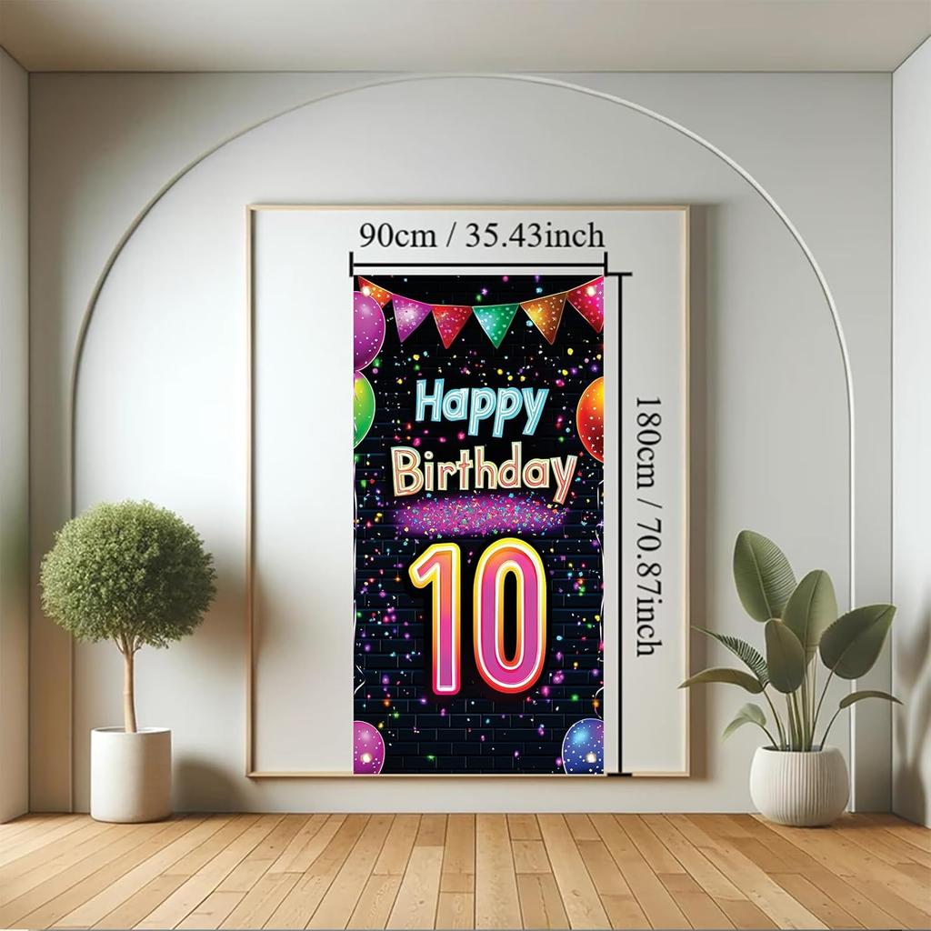10th Birthday Door Cover Decoration 71 x 35 Inch Colorful Balloons and Lights Banner for Kids Happy Tenth Birthday Party Supplies Photo Backdrop Wall