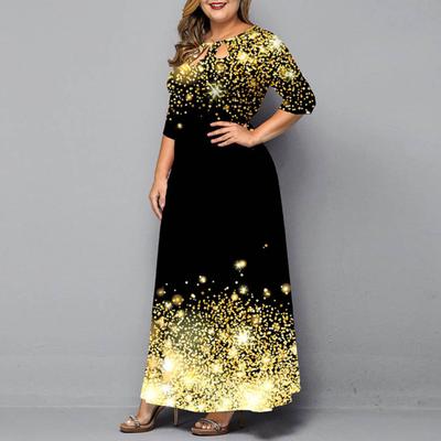 Women O-neck 3/4 Sleeve Maxi Dress Hollow Out Printing Loose Hem High Waist A-Line Gown Long Dress Female Clothing