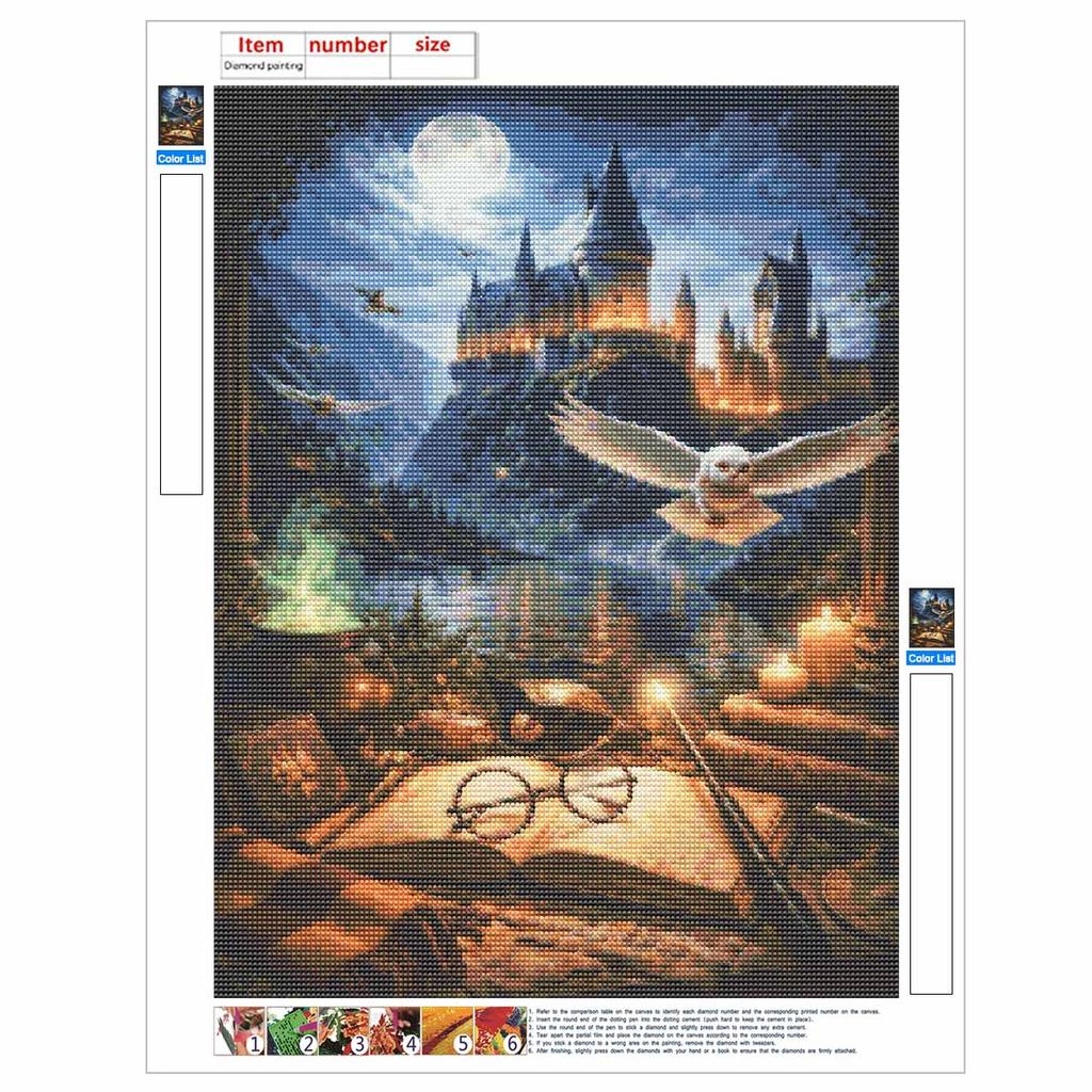 Creative Diamond Painting Kit for Adults DIY Hogwarts Castle Owl Rhinestone Picture Canvas for Leisure Craft Wall Art and Gift Making Fun Set