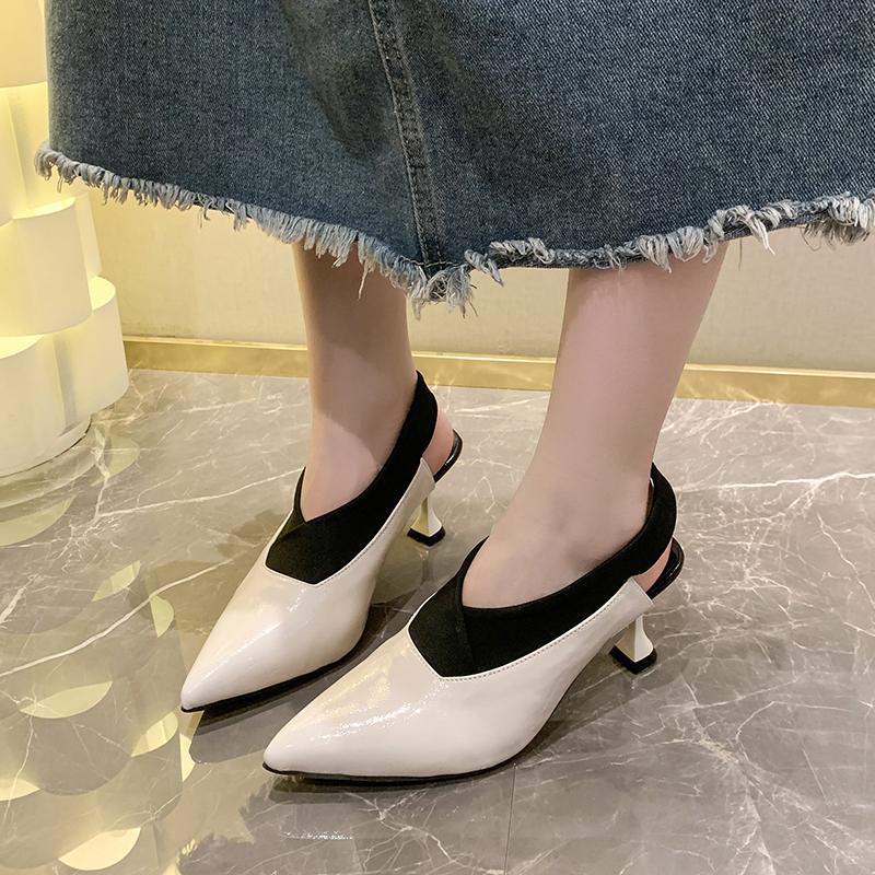 Fashion Beige Heeled Sandals Large Size Shoes Closed Toe 2025 Women's Shallow Mouth Black Big Stiletto Sexy Pointed New Elastic Band