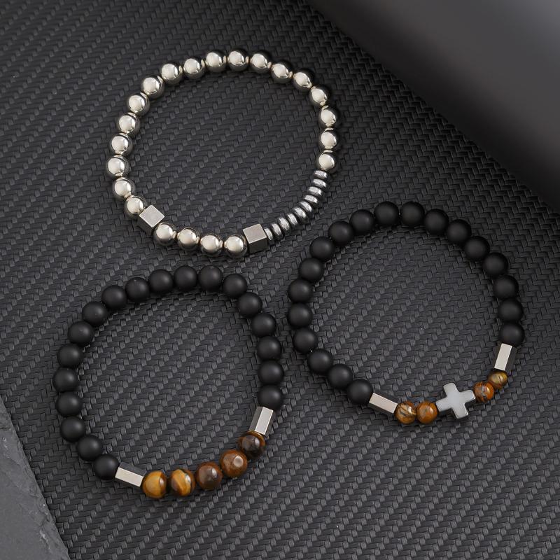 Vintage Multilayer Beaded Bracelet for Men Fashion Hip Hop Tiger Eye's CCB Titanium Steel Cross Beads Bracelets Accessories Men
