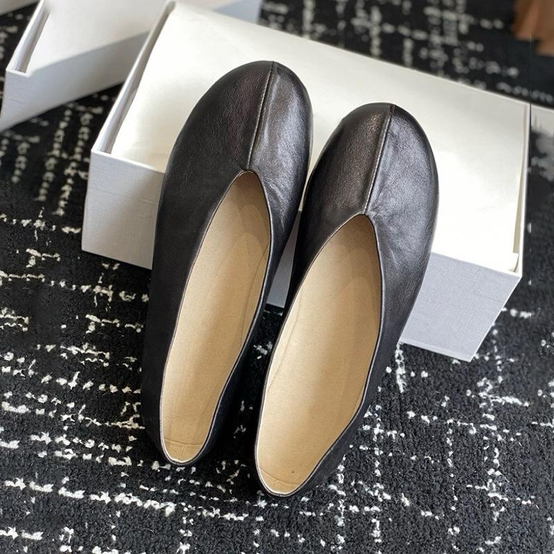 Cowhide version~ niche new simple round head soft leather grandma shoes French versatile one-pedal comfortable flat-soled single shoes