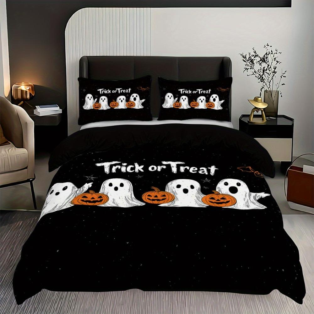 3pcs Bedding Set Black Ghost Pumpkin Print Cozy Soft Duvet Cover King Queen Twin Size Birthday Gift Halloween Gift Bedroom Decor