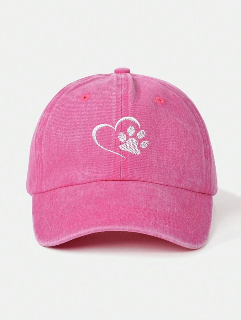 Washed Baseball Cap With Embroidered Heart And Paw Print, Adjustable Outdoor Sun Hat For Adults