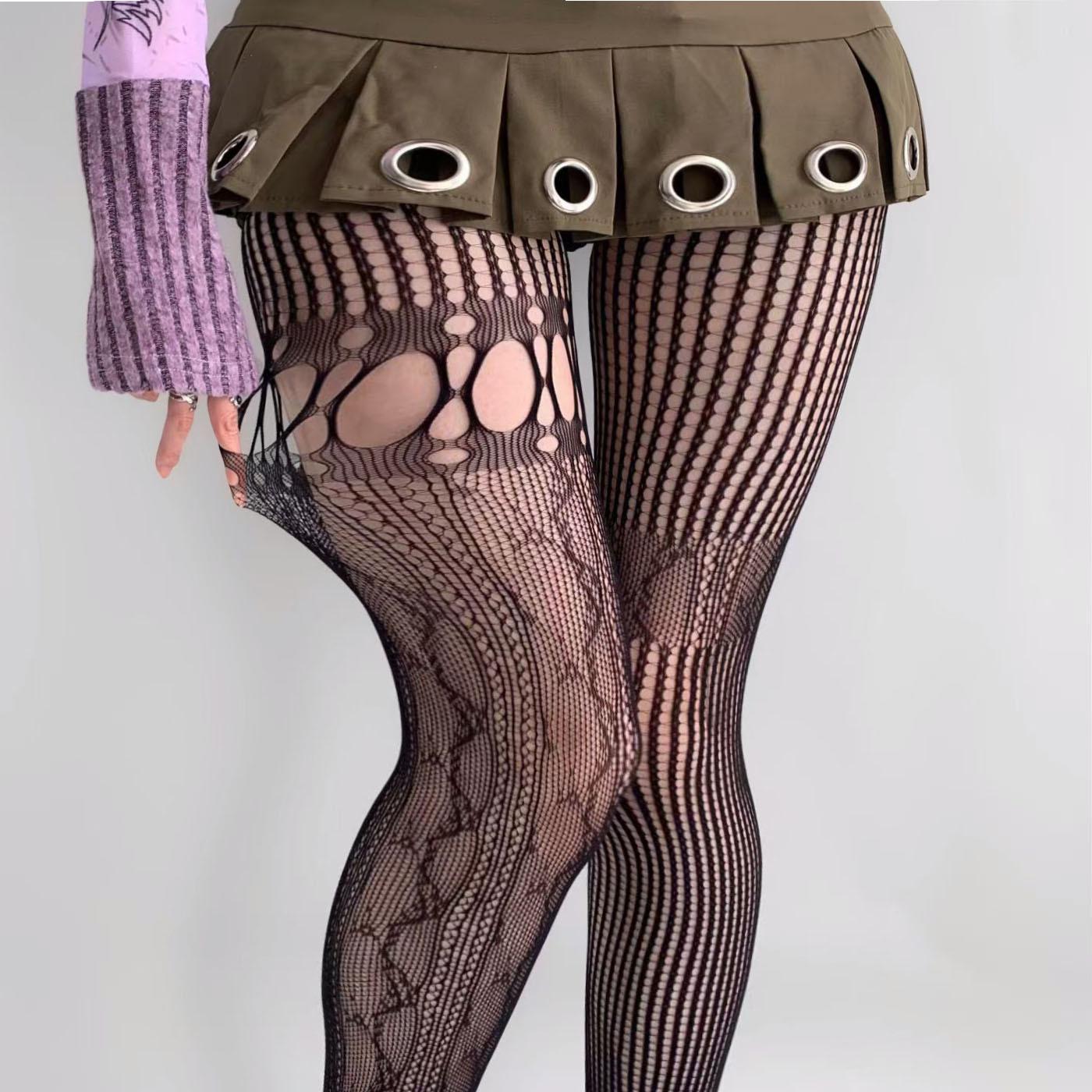 

Plus Size Coffee Fishnet Stockings with Vertical Stripes and Leg Ring Detailing One Size