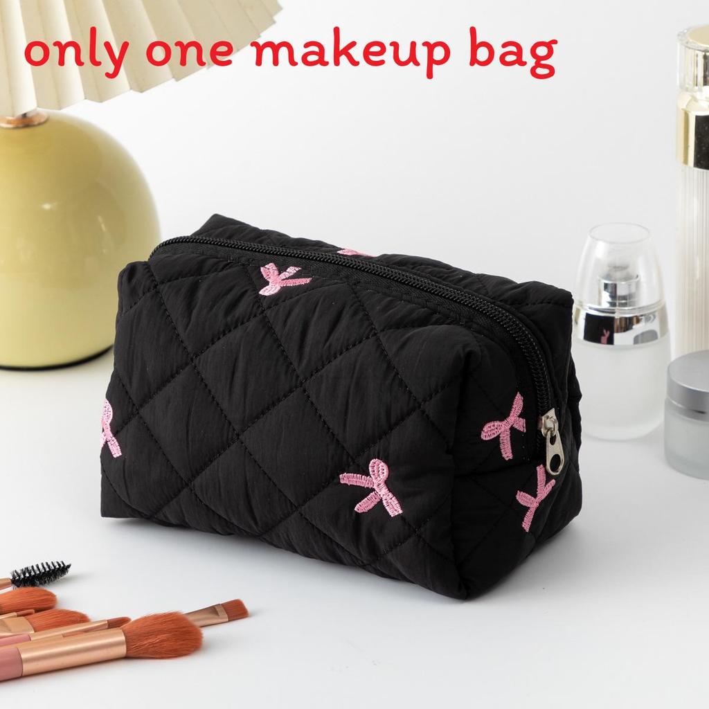 Polyester Geometric Embroidered Makeup Bag With Bow For Travel And Daily Use
