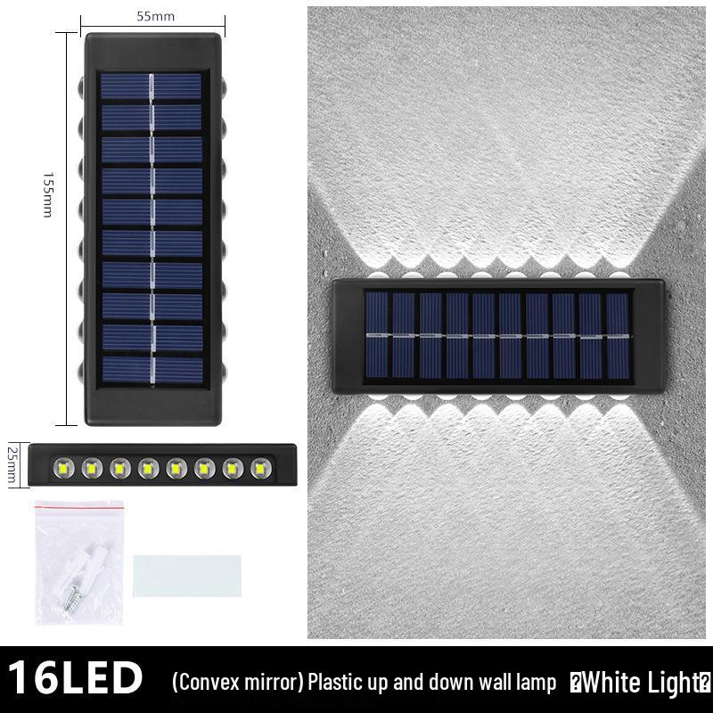 מנורת קיר חיצונית עמידה למים עם ראש כפול סולארי: פנס גן עולה/יורד עם קישוט זוהר