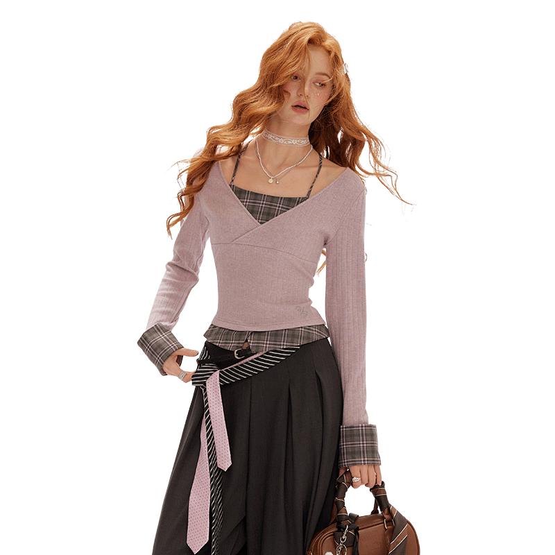 

UNIFREE Women s Faux Two-Piece V-Neck Knit Crop Top S