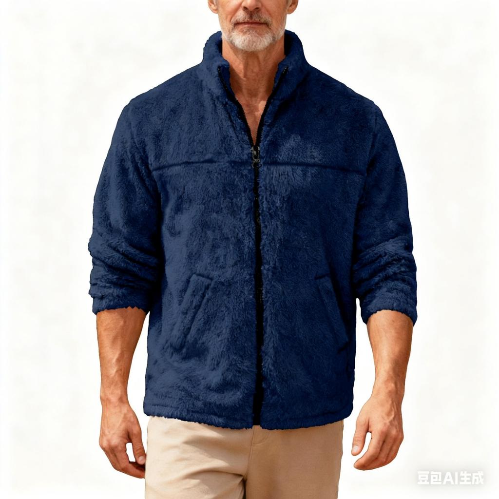 Men's Casual Solid Color Stand-up Collar Fleece Jacket, Men's Loose Zipper Long-sleeved Fleece Jacket