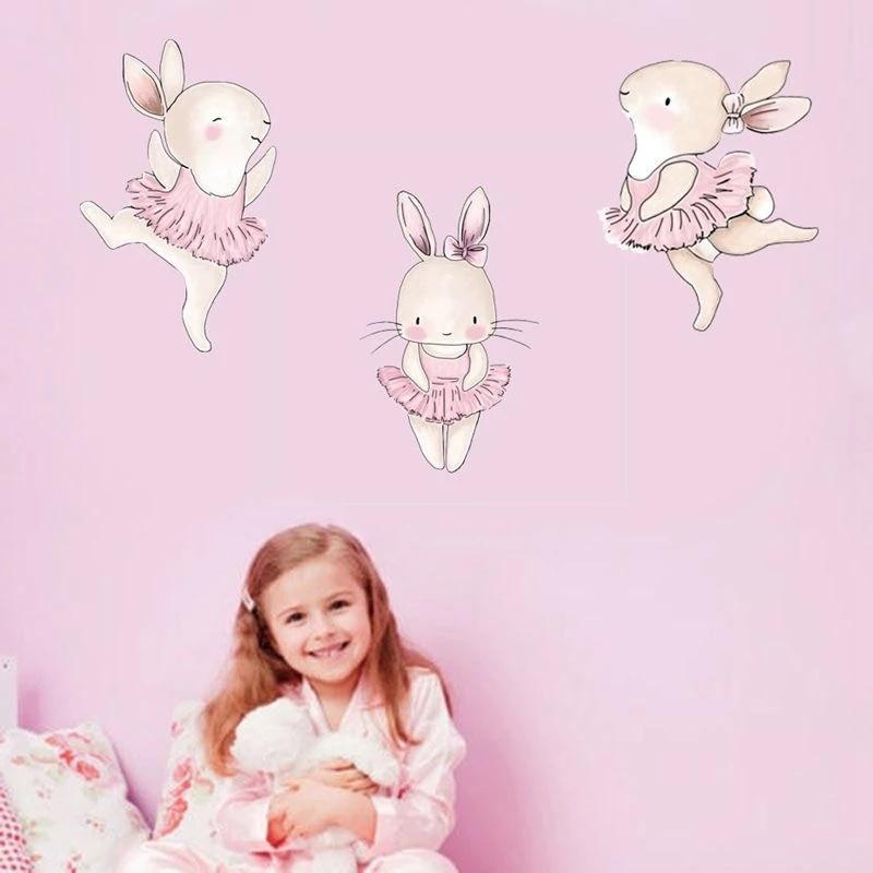 Karikatür Pembe Tavşan Bale Duvar Çıkartmaları Çocuk Odası Tavşan Ev Dekor Duvar Çıkartmaları Bebek Kreş Kız Odası Dekorasyon Poster
