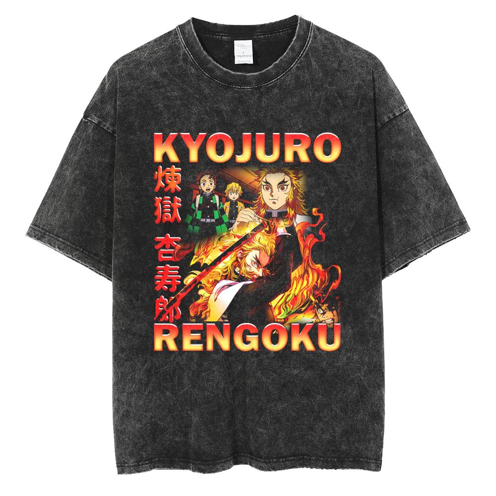 Anime Demon Slayer Rengoku Kyoujurou Graphic Printed Tshirt Men Women Manga T-shirts Washed Cotton Tee Harajuku Male T Shirt