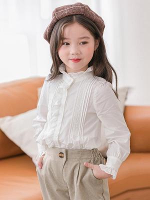 Girls' Long Sleeve White Cotton Korean Style Doll Shirt