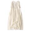 2025 Summer New High-end Embroidered Cotton and Linen Solid Color Rice Apricot V-neck Dress Loose Large Size A-shaped Dress