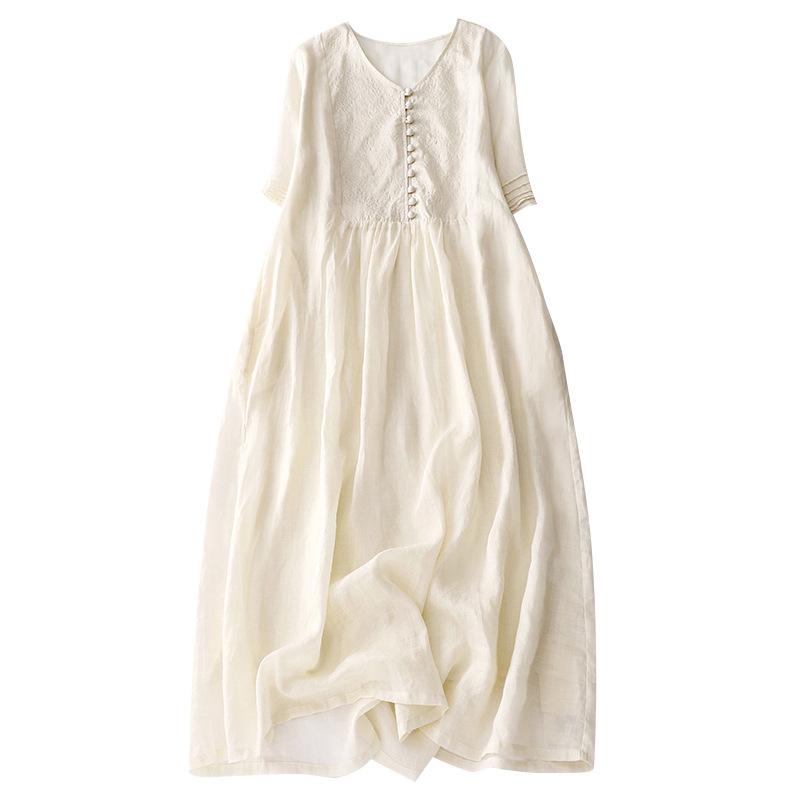 2025 Summer New High-end Embroidered Cotton and Linen Solid Color Rice Apricot V-neck Dress Loose Large Size A-shaped Dress