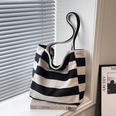 Korean Version Striped Fashion Shoulder Bag Canvas Bag Shopping Travel Bag Canvas Bag Office Worker Commuter Women Large Capacity