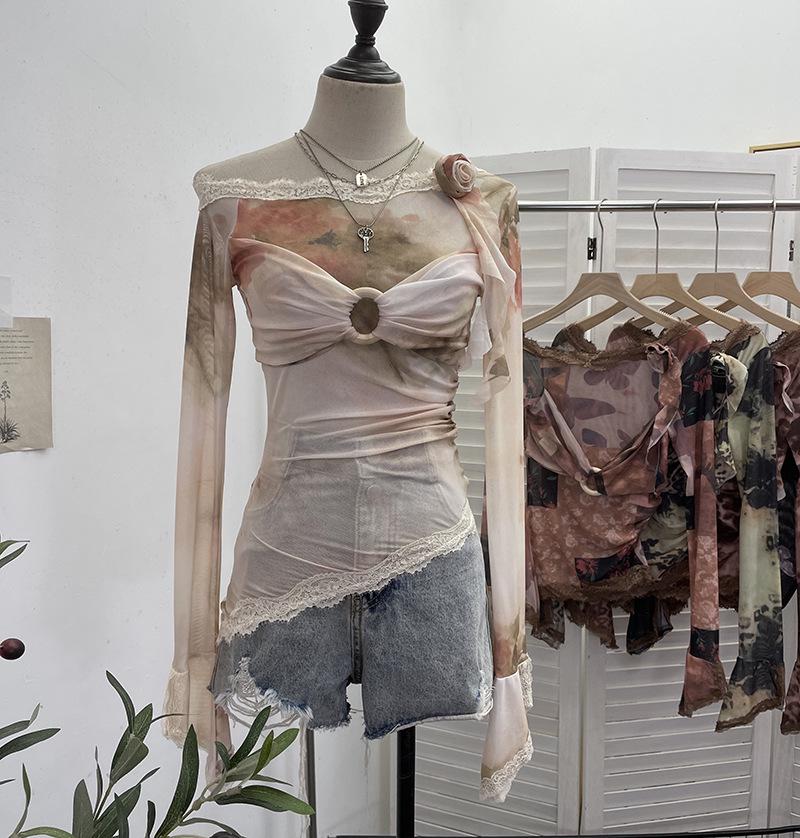 Lace-Spliced Off-Shoulder Tie-Dye Mesh T-Shirt - Women s One-Shoulder Short Top One Size