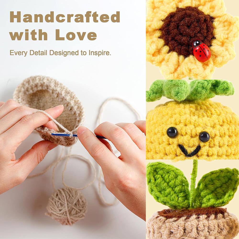 2PCS Positive Emotional Support Pineapple Sunflower Pot Home Room Decoration Crochet Pineapple Dolls With Card Christmas Gift
