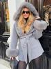 Damen Kapuzenjacke aus synthetischer Wolle Damen Taschen Wollmantel Damen Taillen Daunen Wolljacke Pelz Kapuzenmantel Modestil Herbst und Winter