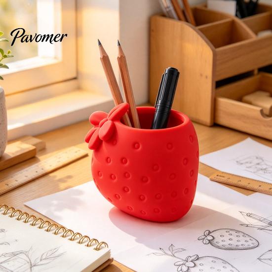PLA Aesthetic Desk Accessories 3D Printed Strawberry Pen Holder, Creative Desktop Organizer for Pencils and Makeup Realistic Fruit Shaped Storage