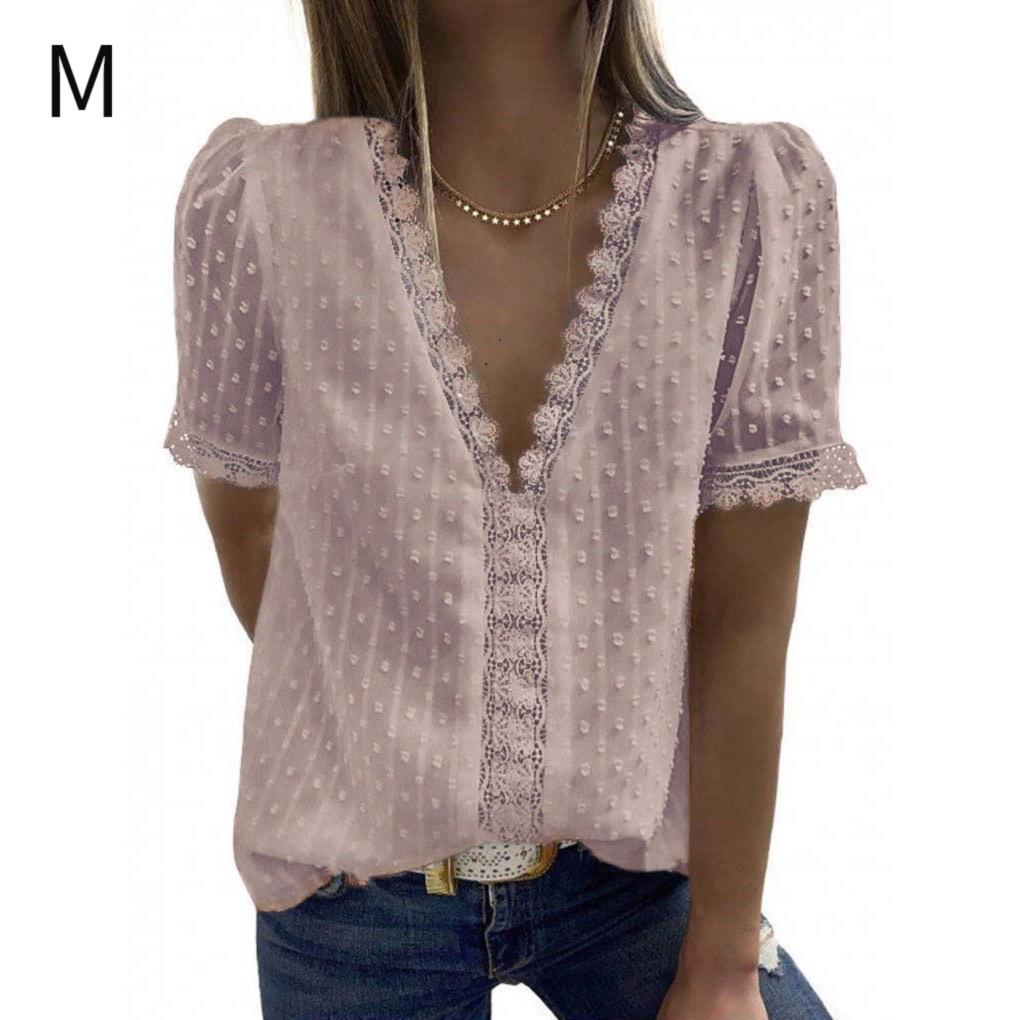 Woman T-shirt Short Sleeve V Neck Solid Color Casual Breathable Lace Loose Blouse Travelling Dating Working Shirt Clothing