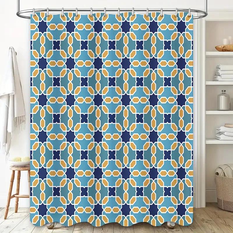 

Blue Yellow Geometric Shower Curtain Fabric Decorative Bathroom Shower Curb Shower Door Hanging Polyester Waterproof Printed Bat W60H190(CM)-1 Pcs