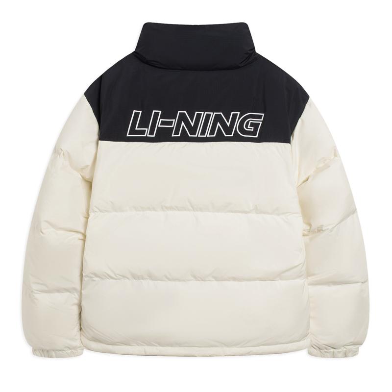 Li Ning Hot Pot Down Jacket With Letter Embroidery And Zipper Stand Collar Unisex Outerwear Off-White AYMS307-1