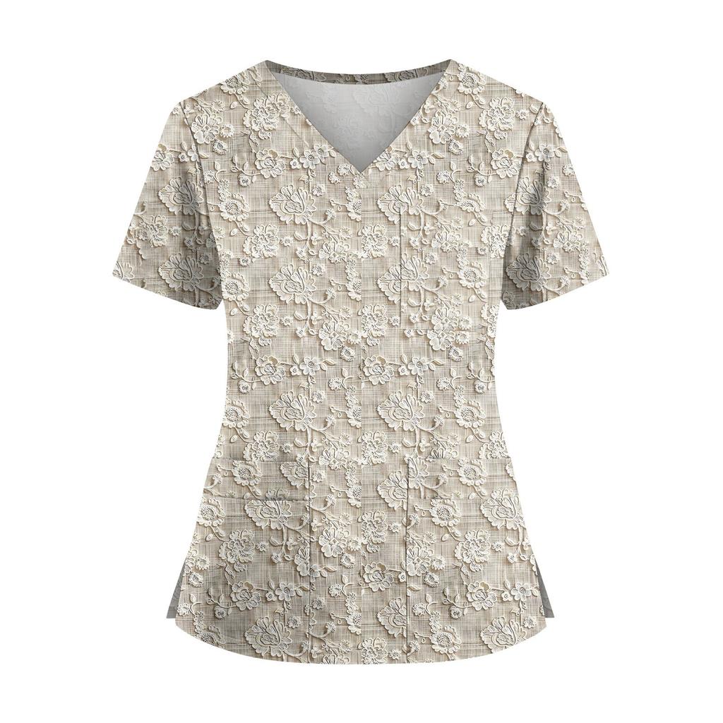 Plus SizePrinted Scrub Working Uniform Tops For Women's Cross V-Neck Halloween Print Short Sleeve Fun T-Shirts Workwear Tee With Pockets