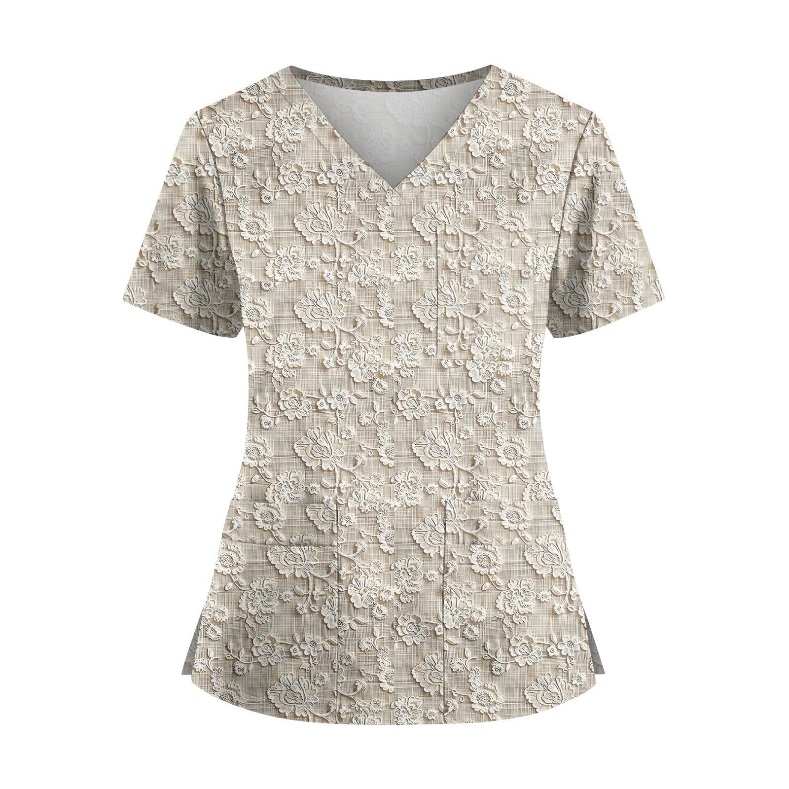 

Плюс размерСкраб с принтом Рабочая форма Топы для женщин Крест V-образным вырезом Хэллоуин Принт с короткими рукавами Забавные футболки Спецодежда Футболка с карманами M бежевый