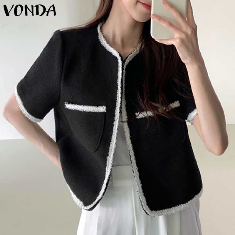 

VONDA Лето Весна Женские пальто с коротким рукавом Сращивание Цвет Твердый Повседневный Молодежные девушки Топы Новое пальто V-образный вырез Винтаж Плюс Размер