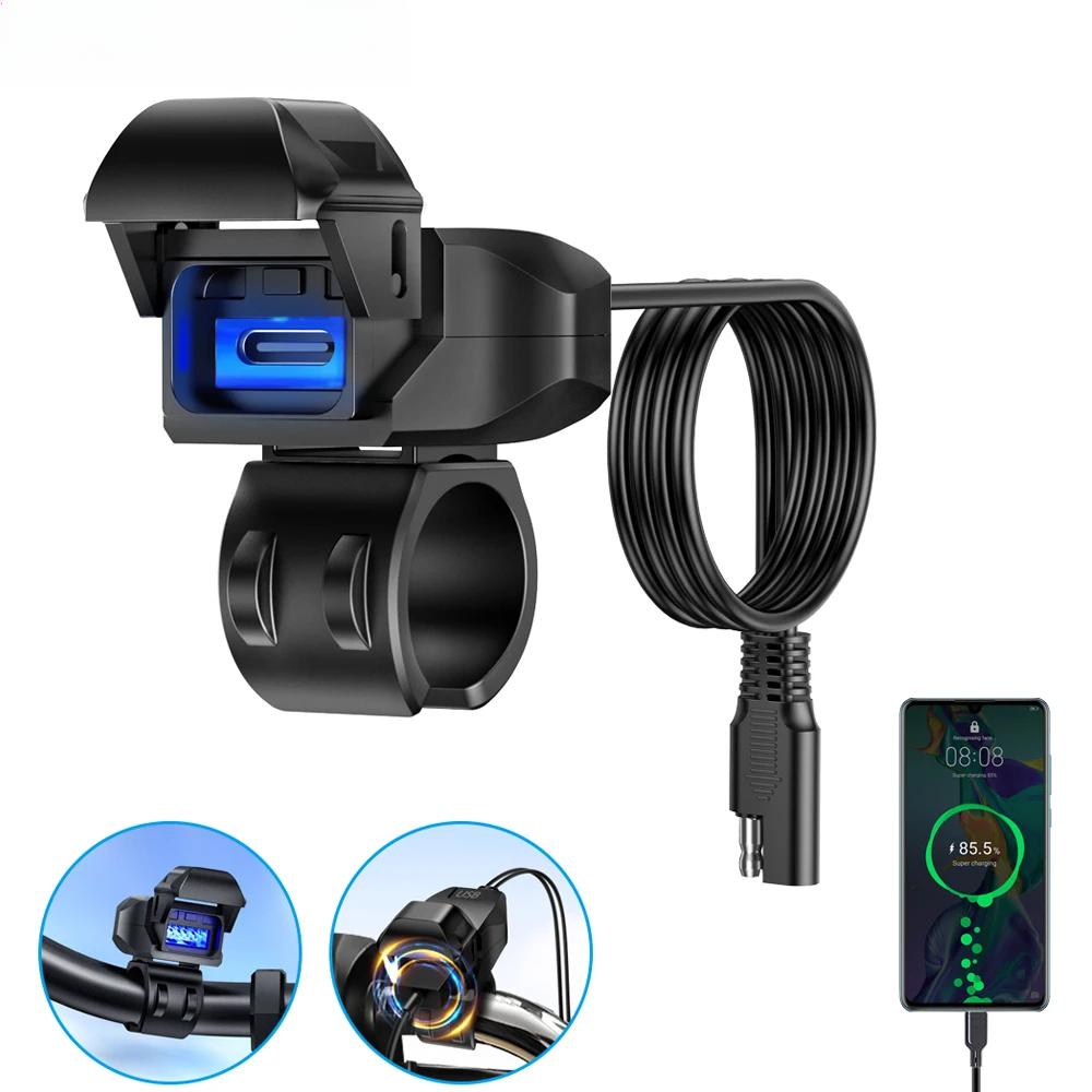 Motorcycle USB Charger SAE To USB Adapter Waterproof Automatically ON/Off Switch DC 9V-24V USB C Motorcycle Charger