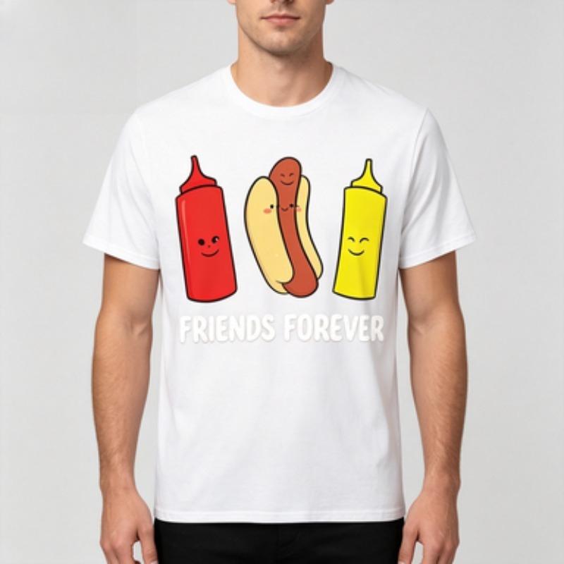 Unisex 100 Cotton O Neck T Shirt Cute Cartoon Hot Dog Ketchup Mustard Bottles Friends Forever Text Fast Food Tee Tops