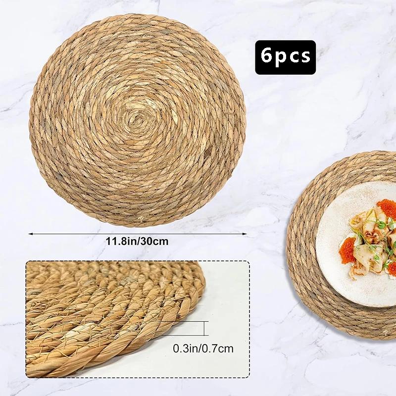 6pc Handmade Straw Woven Placemats Tableware Mat for Dining Table Wicker Natural Round Straw Pad Heat Resistant Place Mats
