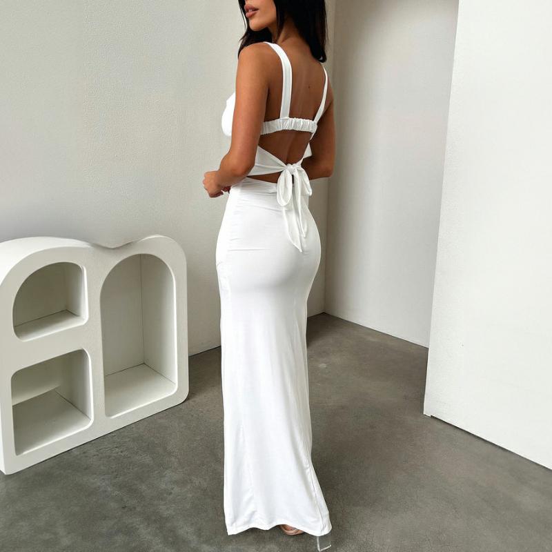 European and American Summer Sexy Sleeveless Solid Color Slim Fit Slit Backless Dress