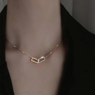 Geometric Double Square Interlock Pendant Necklace Clavicle Chain Jewelry Women Shiny Rectangle Pendant Alloy