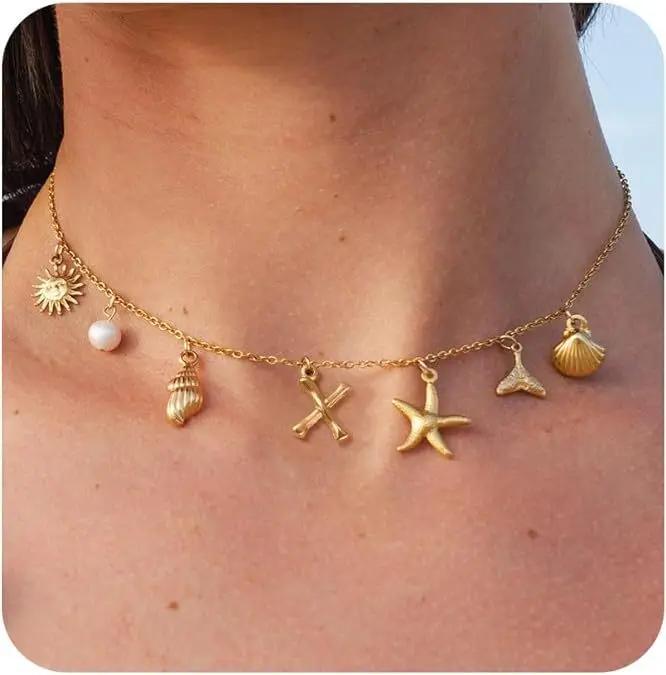 Surfer Girl Necklace Beach Jewelry Initial Necklace for Girlfriend Seashell Letter Choker Women Gift Starfish Pearl Accesorios