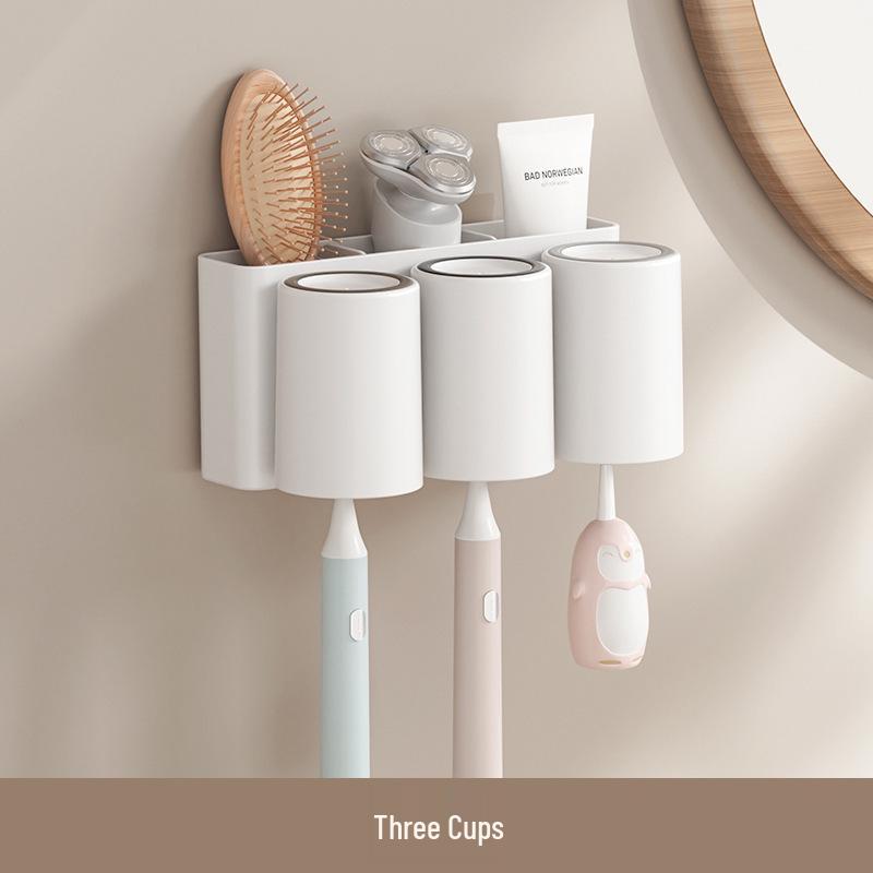 Wall-Mounted Toothbrush & Tooth Cup Holder Set - Punch-Free Installation, Home Storage Solution
