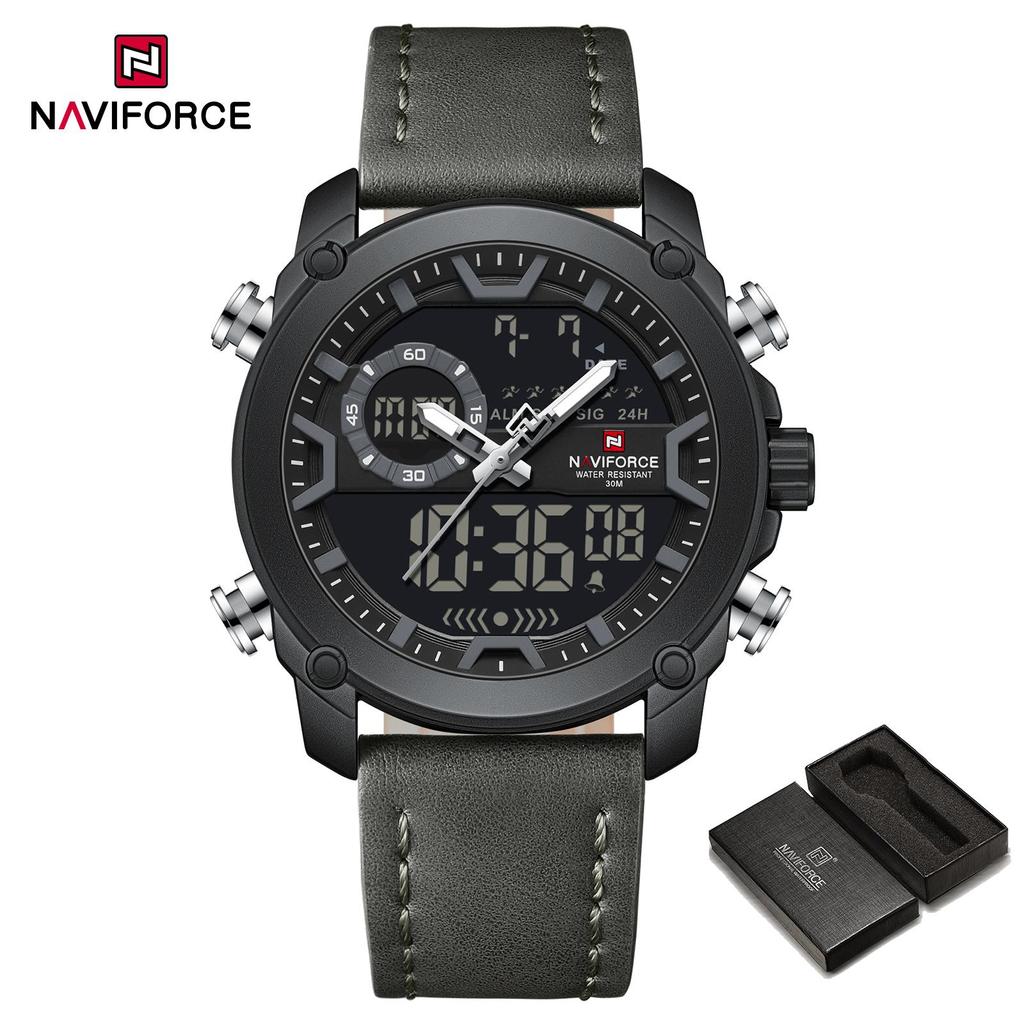 NAVIFORCE Original Men Quartz LCD Digital Watch Leather Strap Waterproof Luminous Pointer Calendar Date Men Boys Casual Watch NF9261