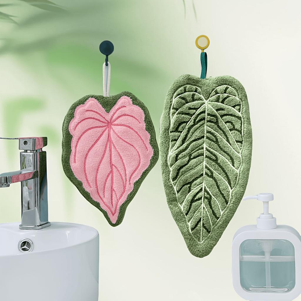 2pcs Coral Fleece Hand Towels ,Plant Leaf Design,Hanging Convenient ,Strong Absorbency and Quick Drying,Cute and Soft ,Kitchen Bathroom Hand Towels