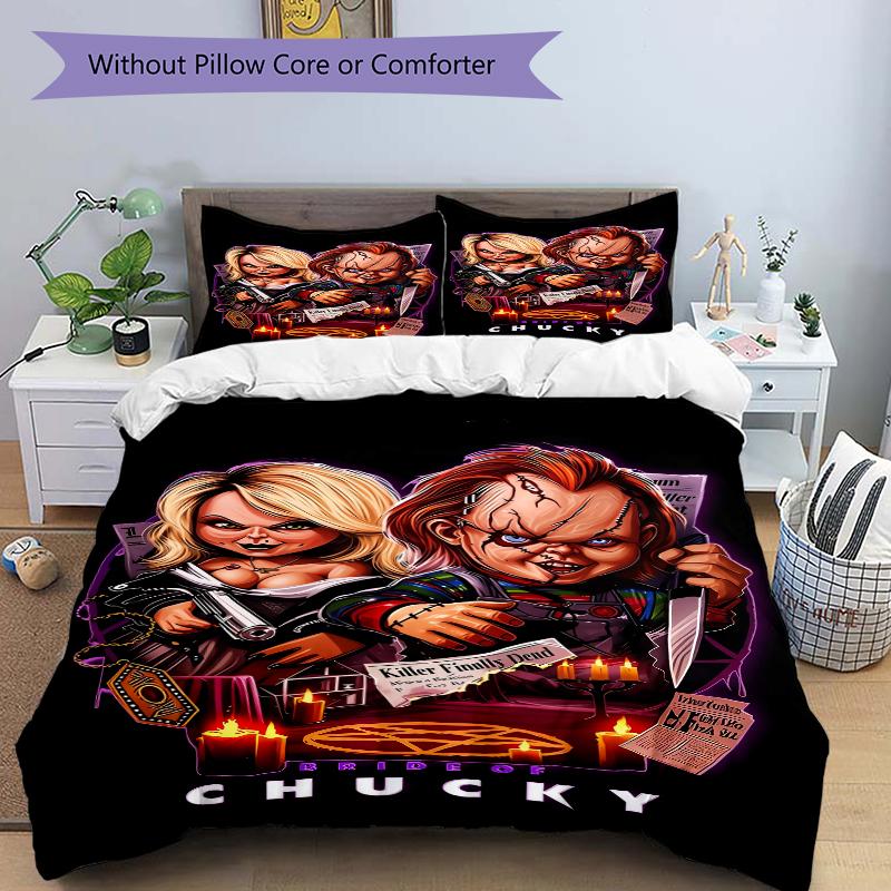3Pcs Chucky'S Halloween Horror Bedding Set Soft Fabric Duvet Cover Pillowcases Home Christmas Xmas Halloween Gift 1 Duvet Cover 2 Pillowcase L1106