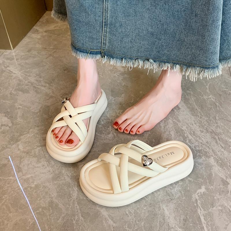Black Lightweight High-end Thick-soled Heightening One-word Slippers Women's Summer Wear 2025 New with Skirt Cool Slippers