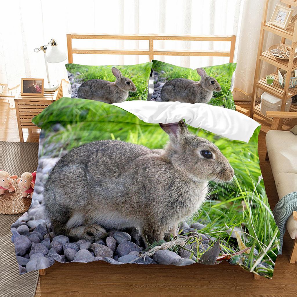 Cute Rabbit Duvet Cover Set Animals Polyester Comforter Cover King Queen Size for Kids Boys Girls Bedding Set with Pillowcase
