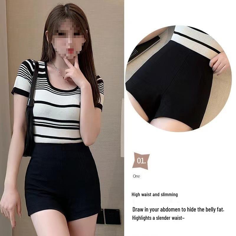 Women's High-Waisted Sexy Black Shorts - Slimming Korean Style, Petite Fit, Polyester, Spring/Summer Collection.