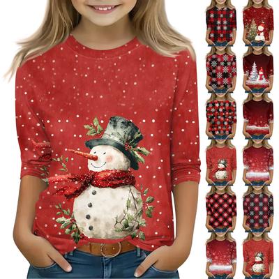 Christmas Day Print Tops For Youth Girls 4-11 Years Round Neck 3/4 Sleeves T-Shirts Trendy Tops Outfit Tees
